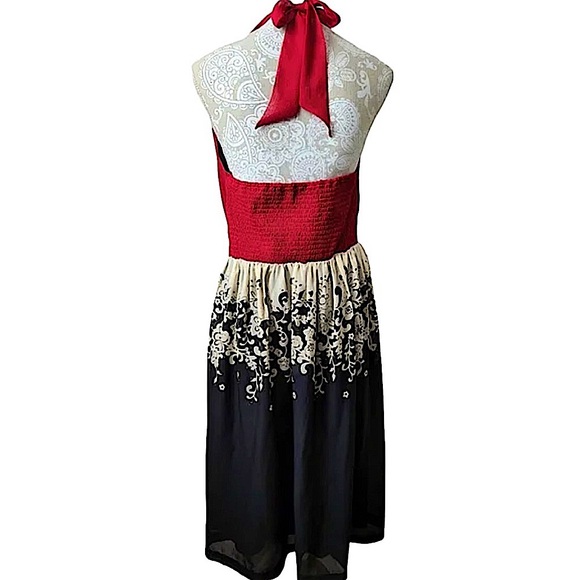 Jonathan Martin size 10 dress black cream floral design on bottom red tie top - Picture 3 of 15